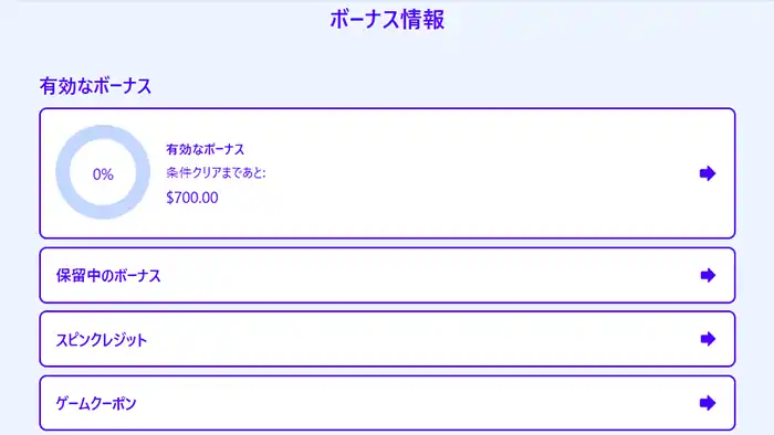 カジノシークレットボーナス画面：賭け条件の進捗確認
