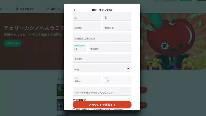チェリーカジノの登録方法:情報入力画面