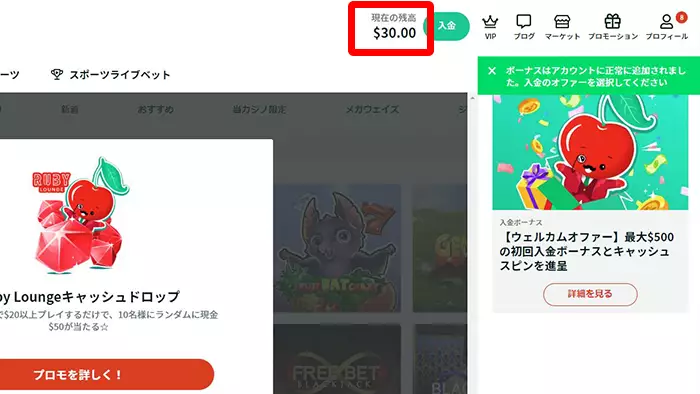 入金不要ボーナス受取方法:ボーナス反映画面