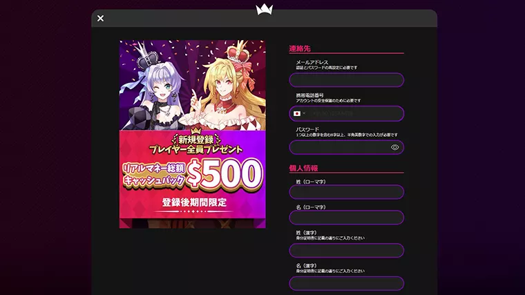インターカジノ登録方法:個人情報入力画面
