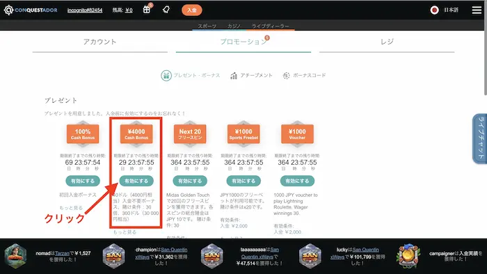 入金不要ボーナスの受け取り方:有効化画面