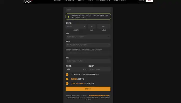 パチパチカジノの登録方法:同意事項