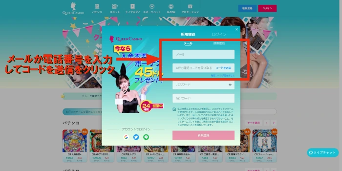 新クイーンカジノ(シン・クイーンカジノ)の登録画面:登録画面
