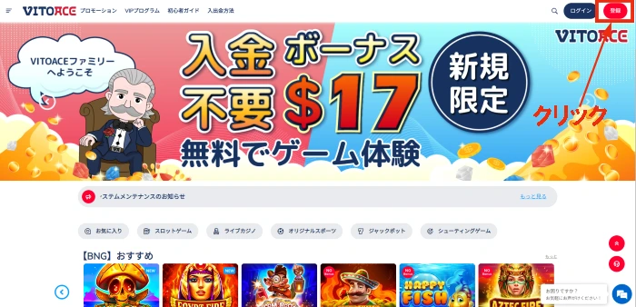 ヴィトエース(VITOACE)カジノの登録方法:登録画面