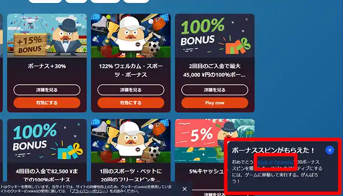 入金不要ボーナスの貰い方:フリースピン有効化完了