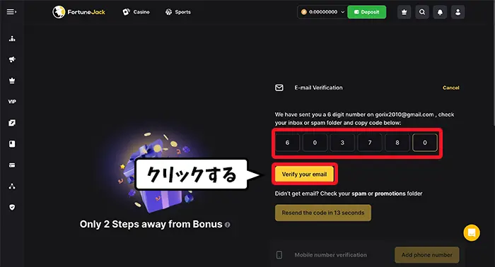 受け取った認証コードを入力する