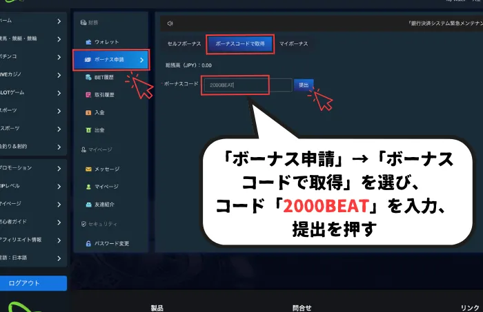 ラリーベットボーナス取得方法01:ボーナスコード入力画面