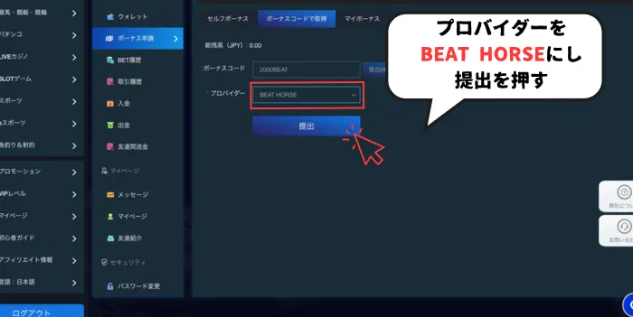 ラリーベットボーナス取得方法02:プロバイダ選択